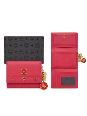 MCM Munchen Hot Pink & Red Textured Leather short Trifold Wallet with Charms